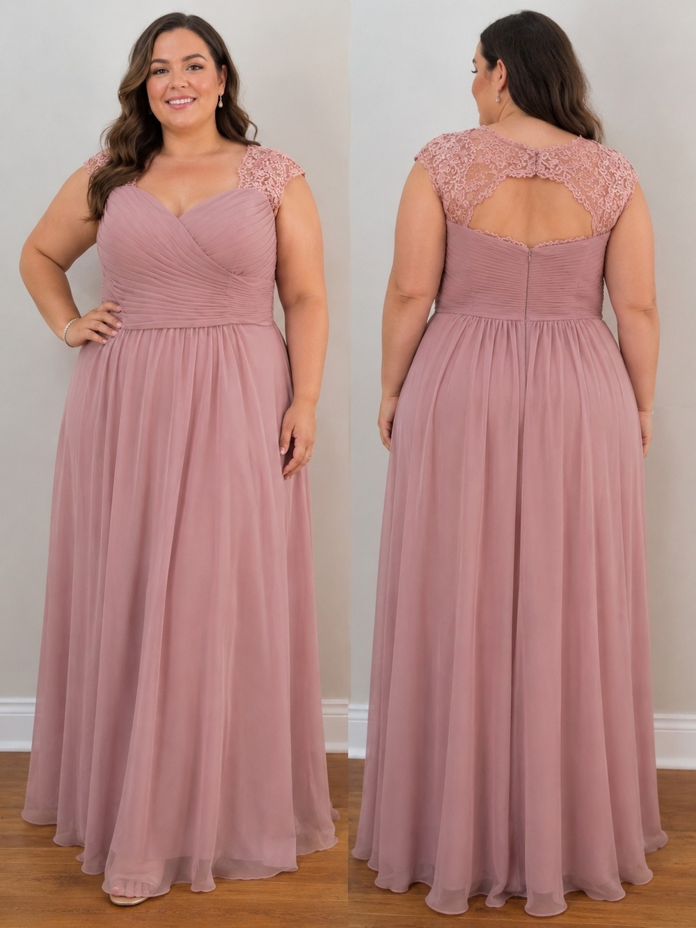 Plus-Size Chiffon Lace Cap Sleeve Maxi Dress - Dusty Mauve
